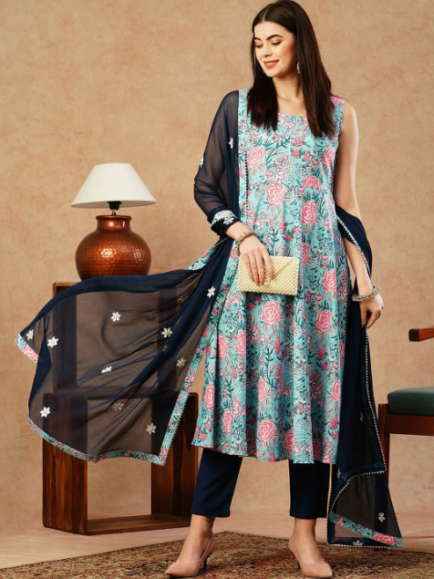 Floral Printed Regular Gotta Patti Anarkali Kurta With Trousers & Dupatta