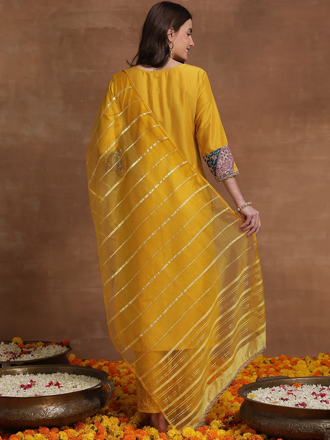 Yellow Floral Embroidered Sequinned Straight Kurta & Trousers With Dupatta