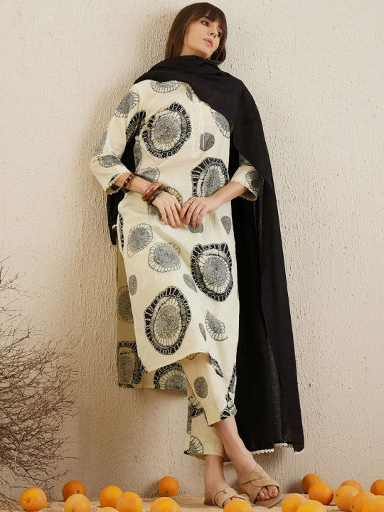 Abstract Printed Round Neck Pure Cotton Kurta with Trousers & With Dupatta