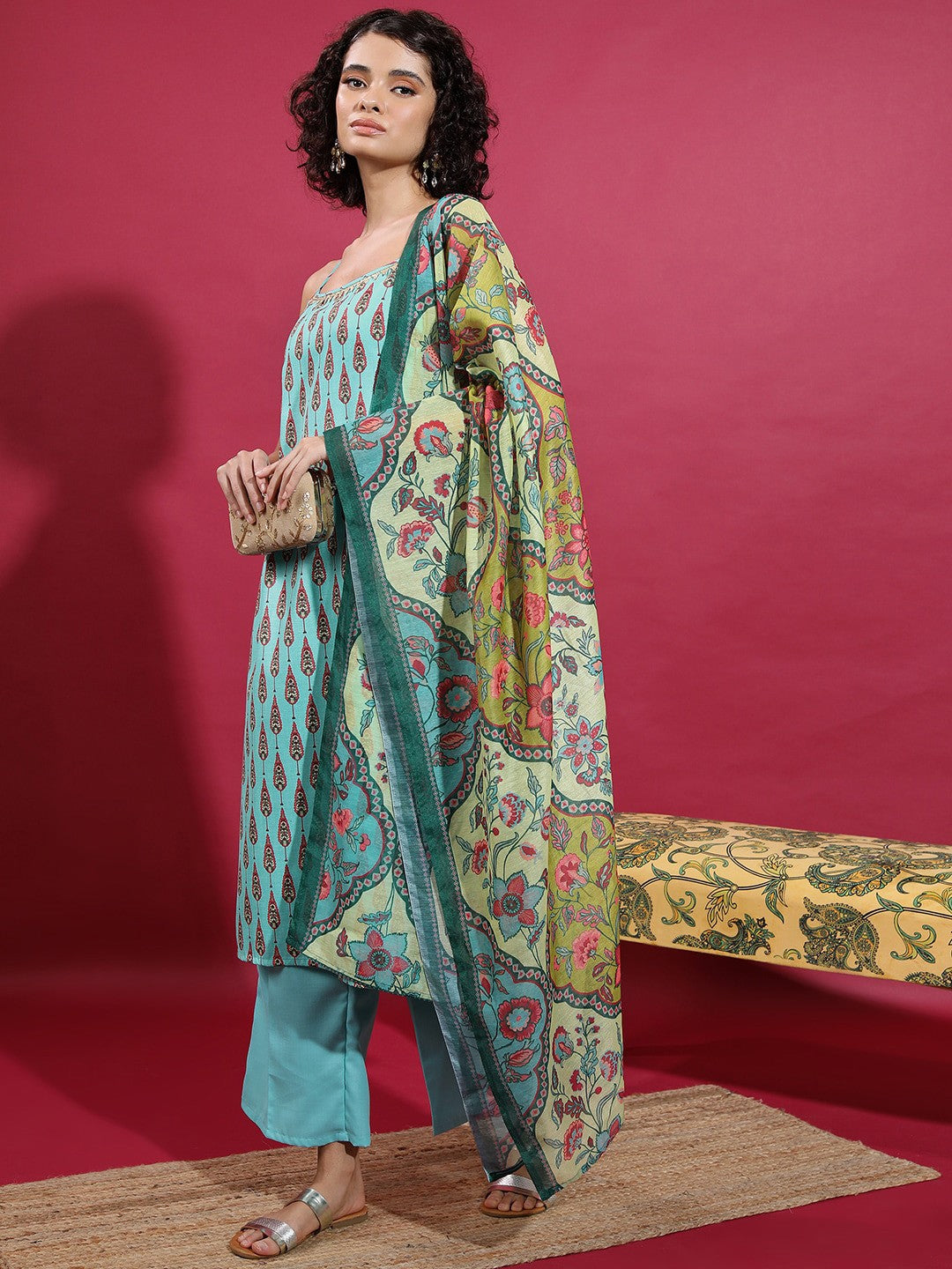 Ethnic Motifs Printed Shoulder Straps Straight Kurta & Palazzos With Dupatta