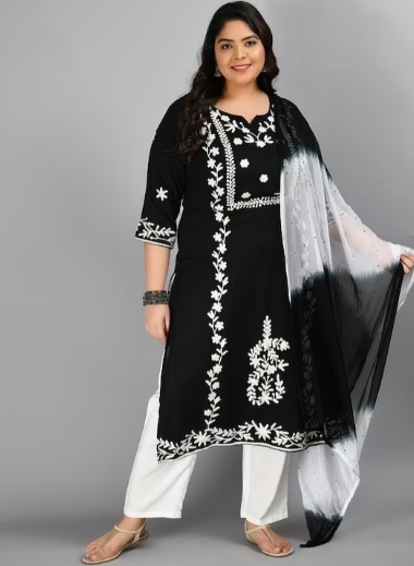 Floral Embroidered Kurta with Trousers & Dupatta