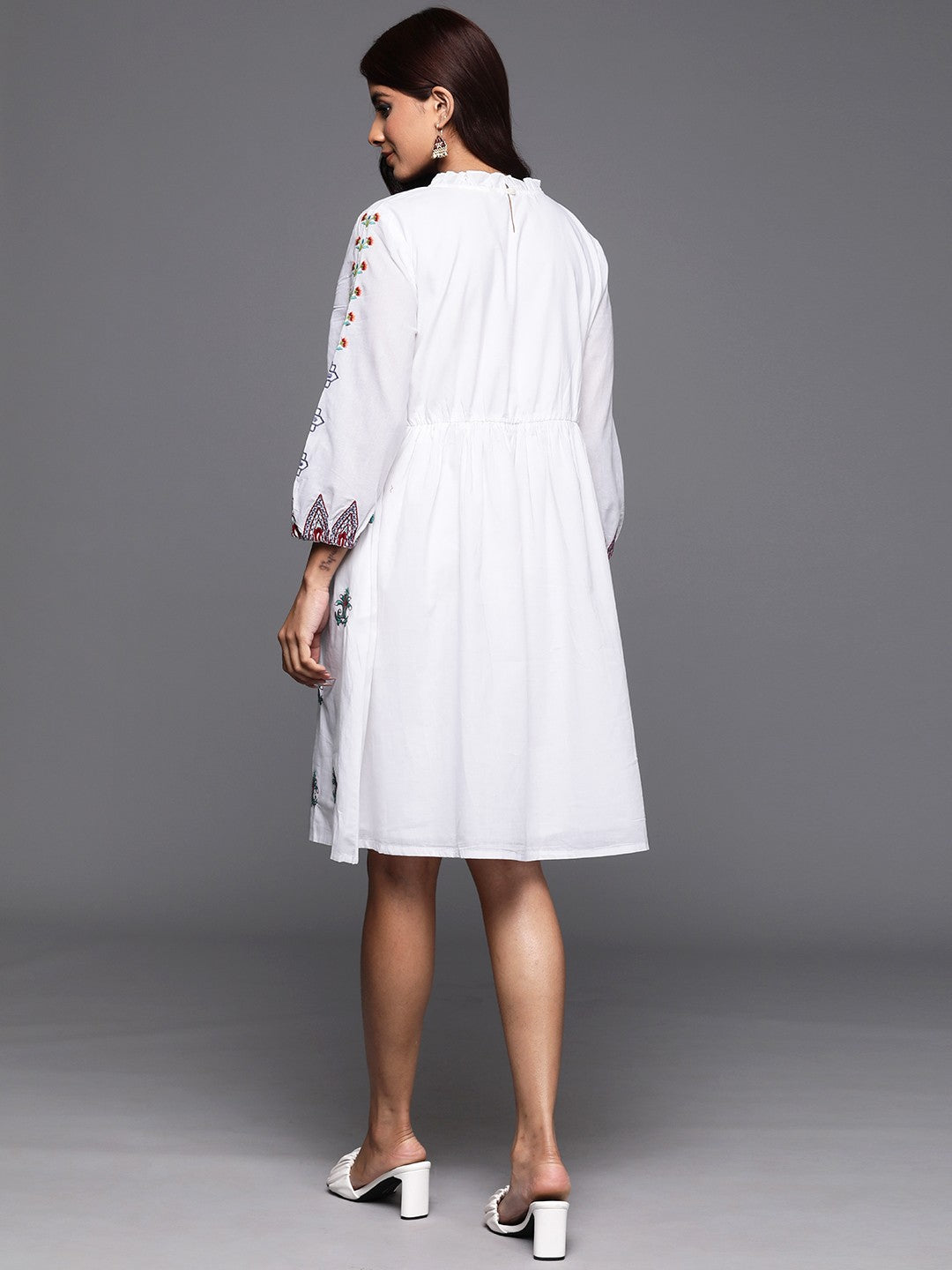 Ethnic Motifs High Neck Embroidered Puff Sleeves A-Line Dress