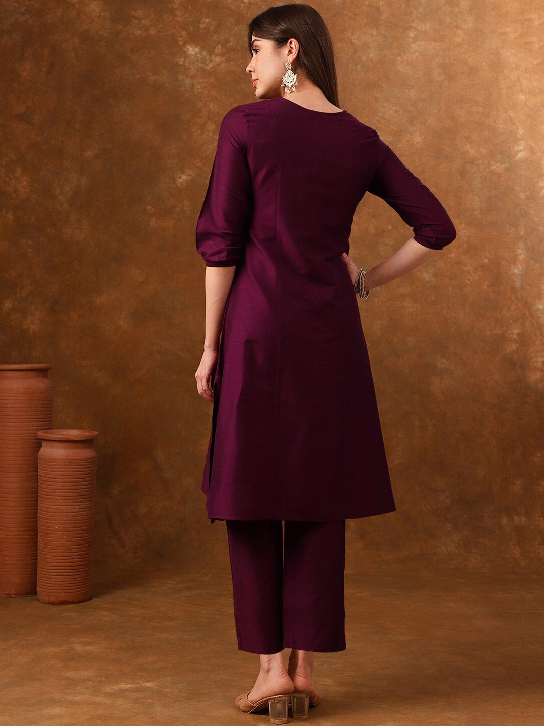 V-Neck Three-Quarter Sleeves Panelled Kurta with Palazzos