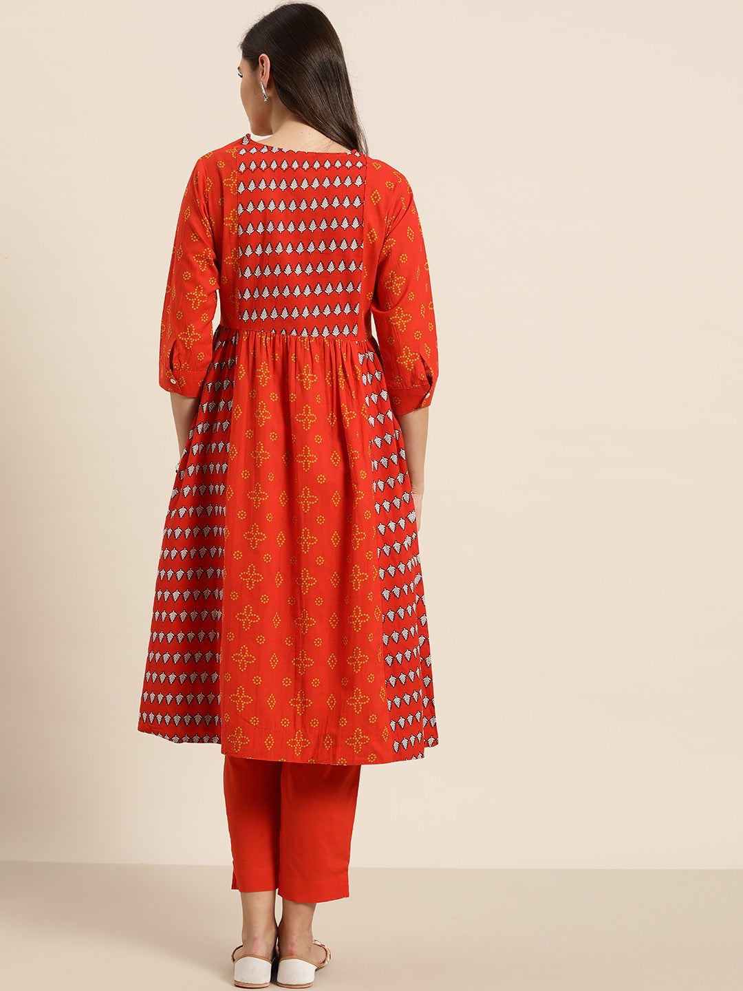 Women Rust Red & White Pure Cotton Printed Kurta with Palazzos