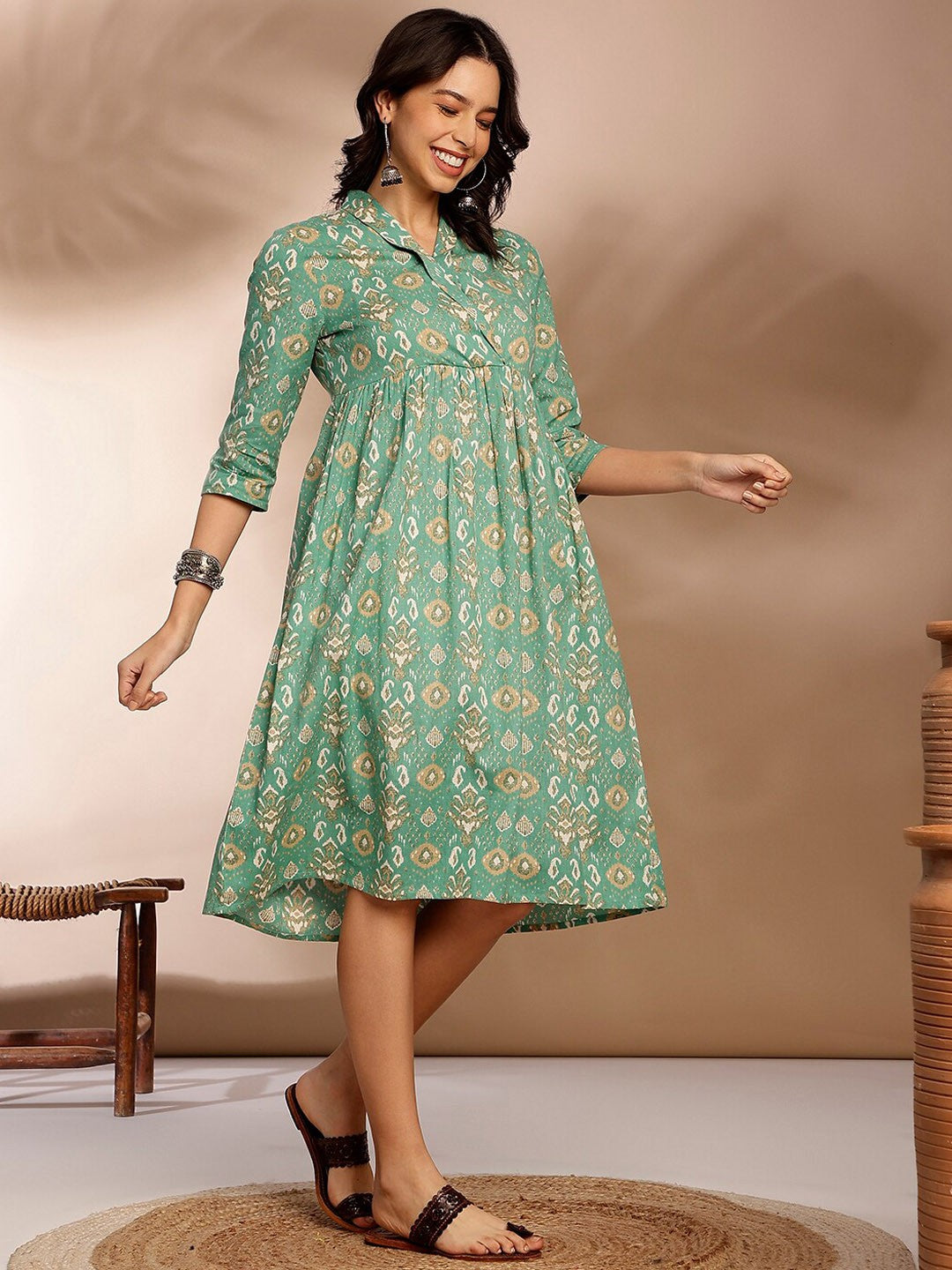 Blue Ethnic Motifs Printed Gathered Detailed Pure Cotton Fit & Flare Ethnic Dress