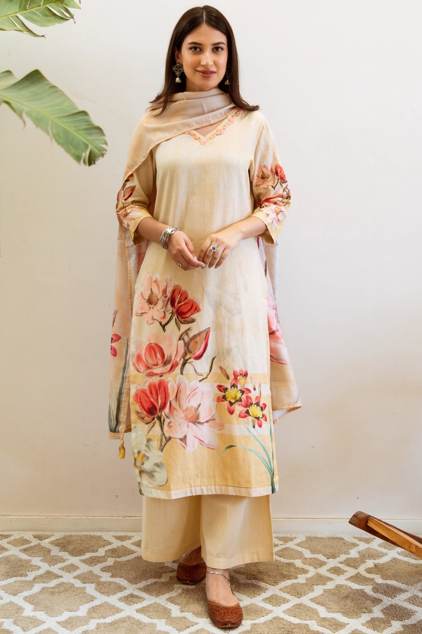 Women Linen Kurta Palazzo Dupatta Set