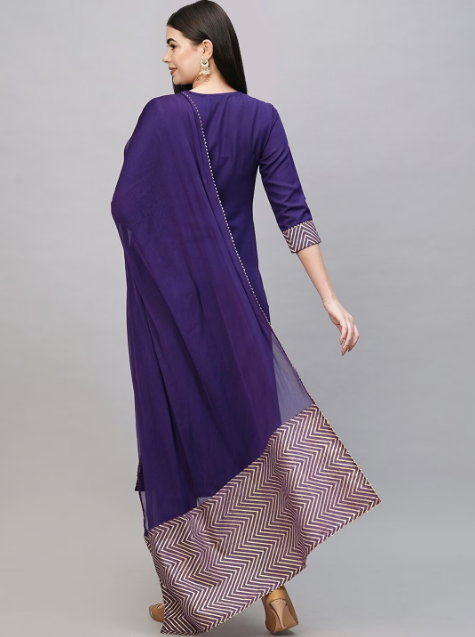 Geometric Yoke Design Gotta Patti Kurta & Trousers With Dupatta