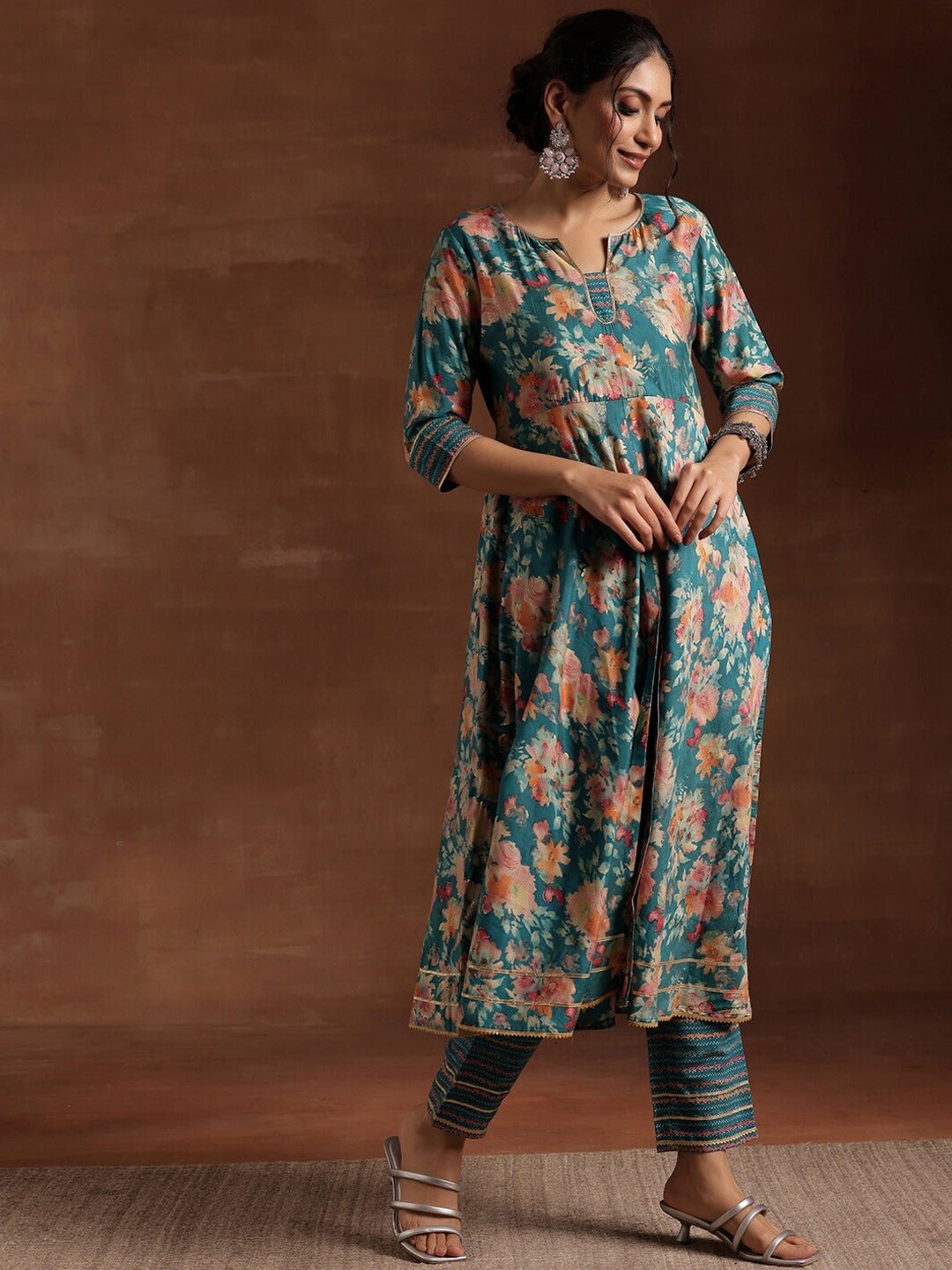 Floral Printed Empire Gotta Patti Kurta with Trousers & With Dupatta