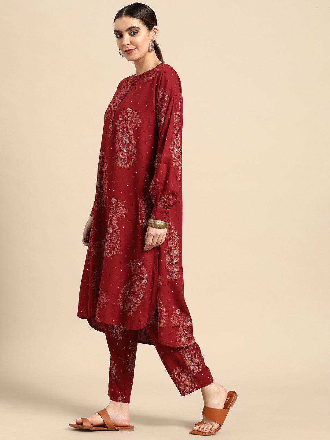 Women Paisley Printed Pleated High-Low Kurta with Trousers