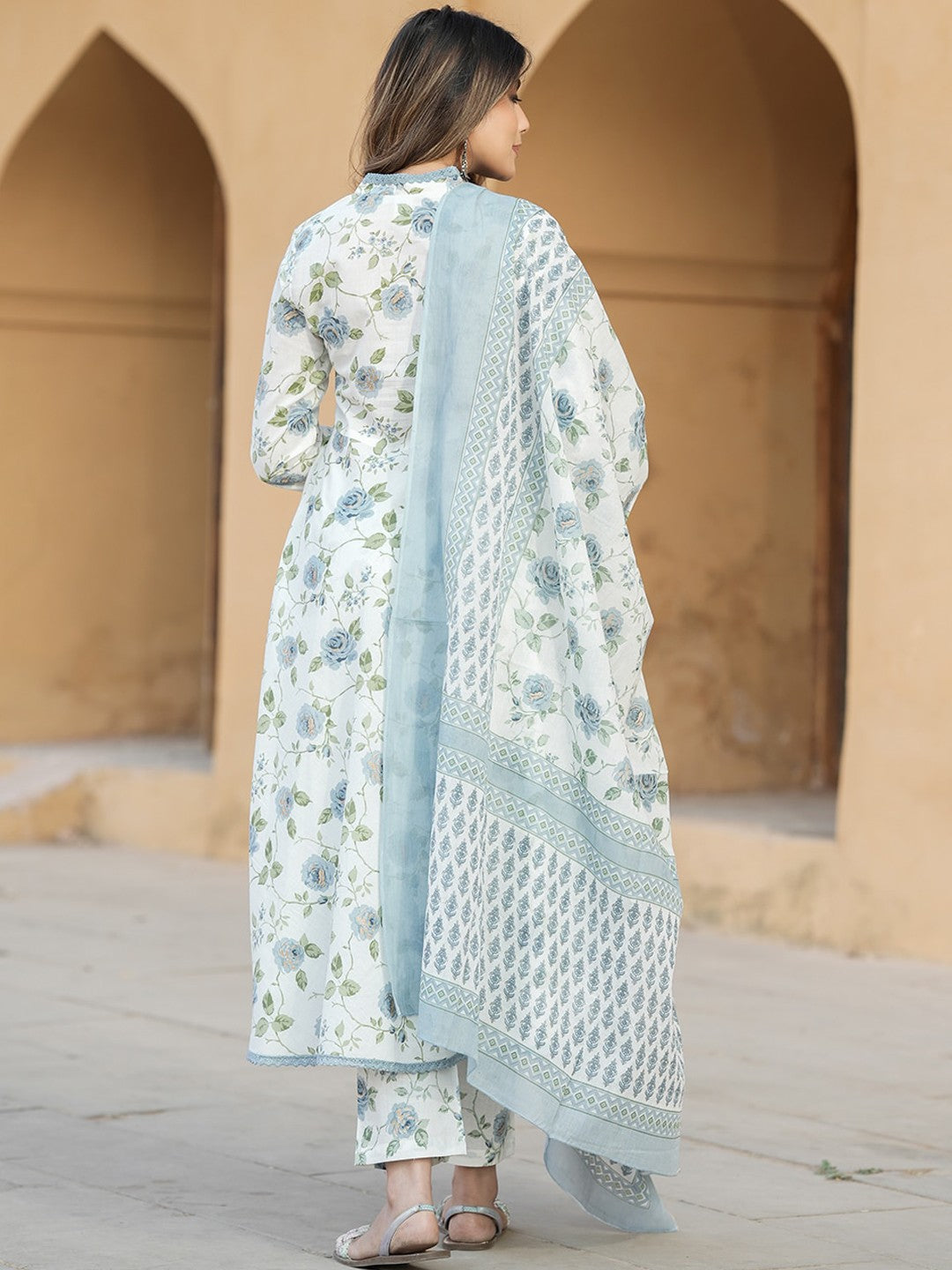 Floral Printed V-Neck Thread Work Pure Cotton Empire Kurta with Trousers & Dupatta