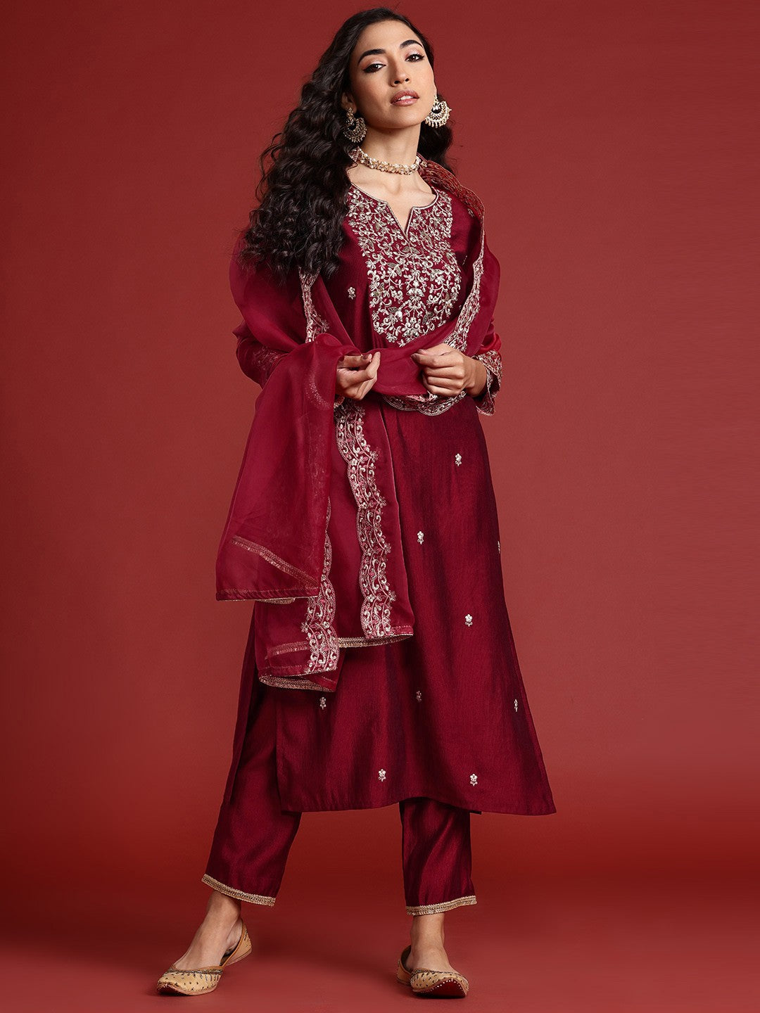 Floral Embroidered Sequinned Liva Kurta With Trousers & Dupatta