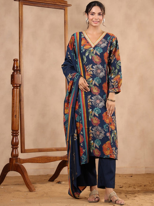 Floral Printed Regular Beads and Stones V Neck Kurta With Trouser & Dupatta