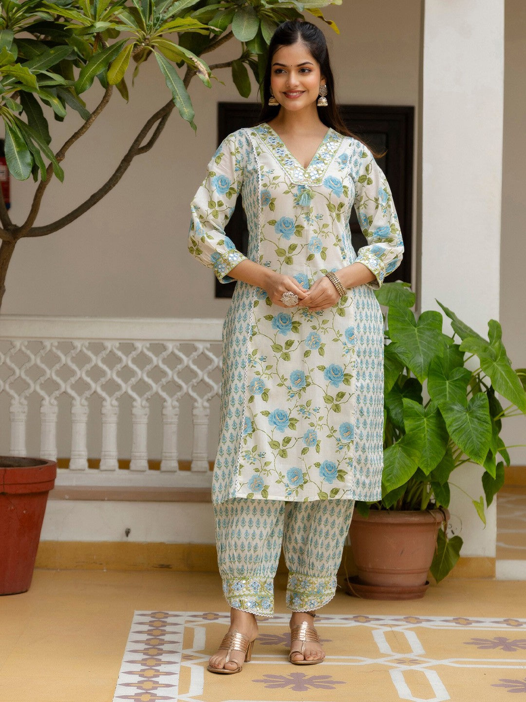 Floral Yoke Design Empire Mirror Work Pure Cotton Kurta with Patiala & Dupatta