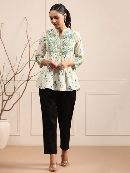 Floral Printed Mandarin Collar Pure Cotton A-Line kurti