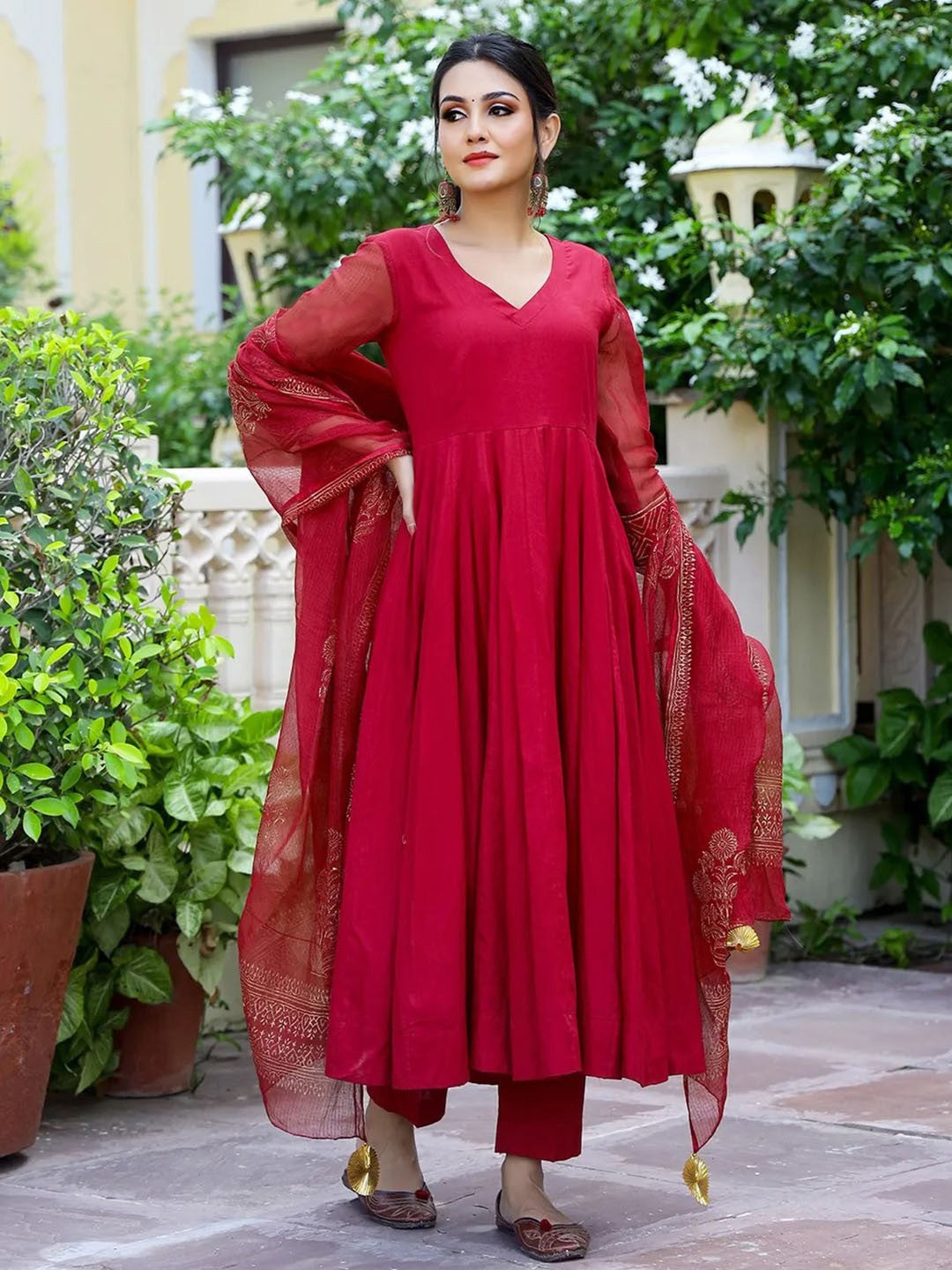 V-Neck Anarkali Kurta with Trousers & Dupatta