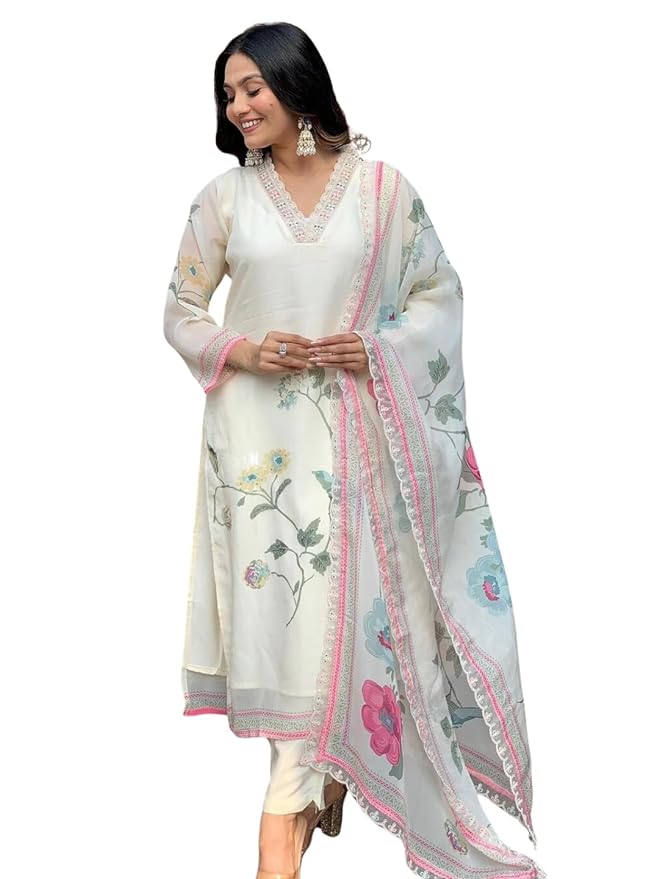 Women's Premium Organza Embroidered Straight Kurta with Viscose Rayon Pant and Premium Organza Printed Dupatta Sets