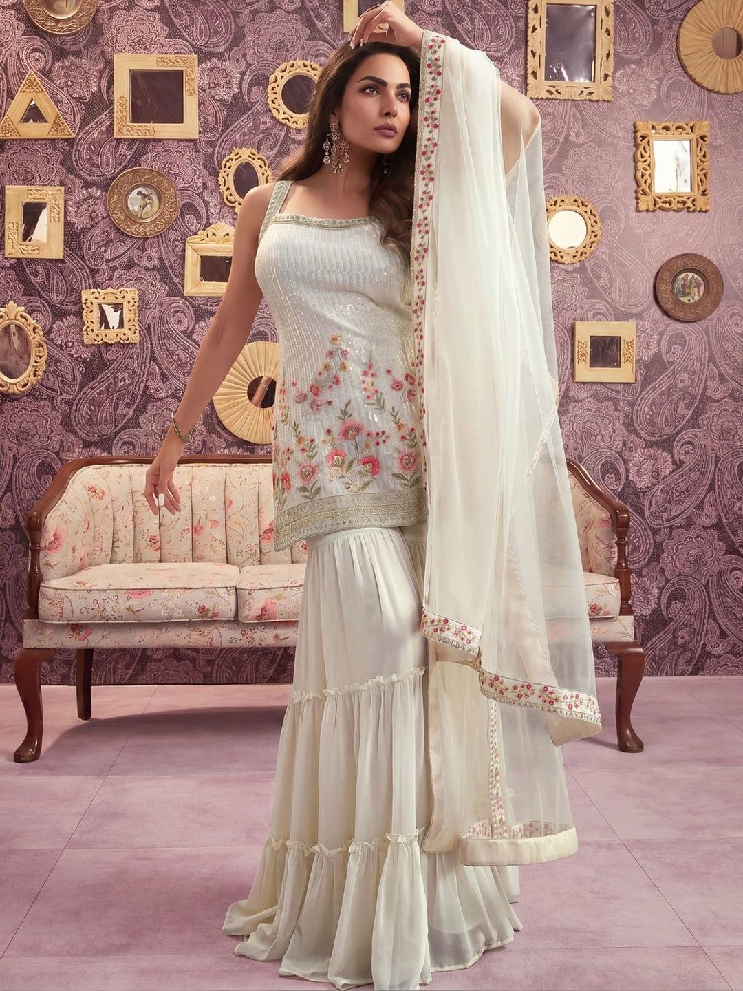 Floral Embroidered Georgette Sequinned Straight Kurti & Sharara with Dupatta