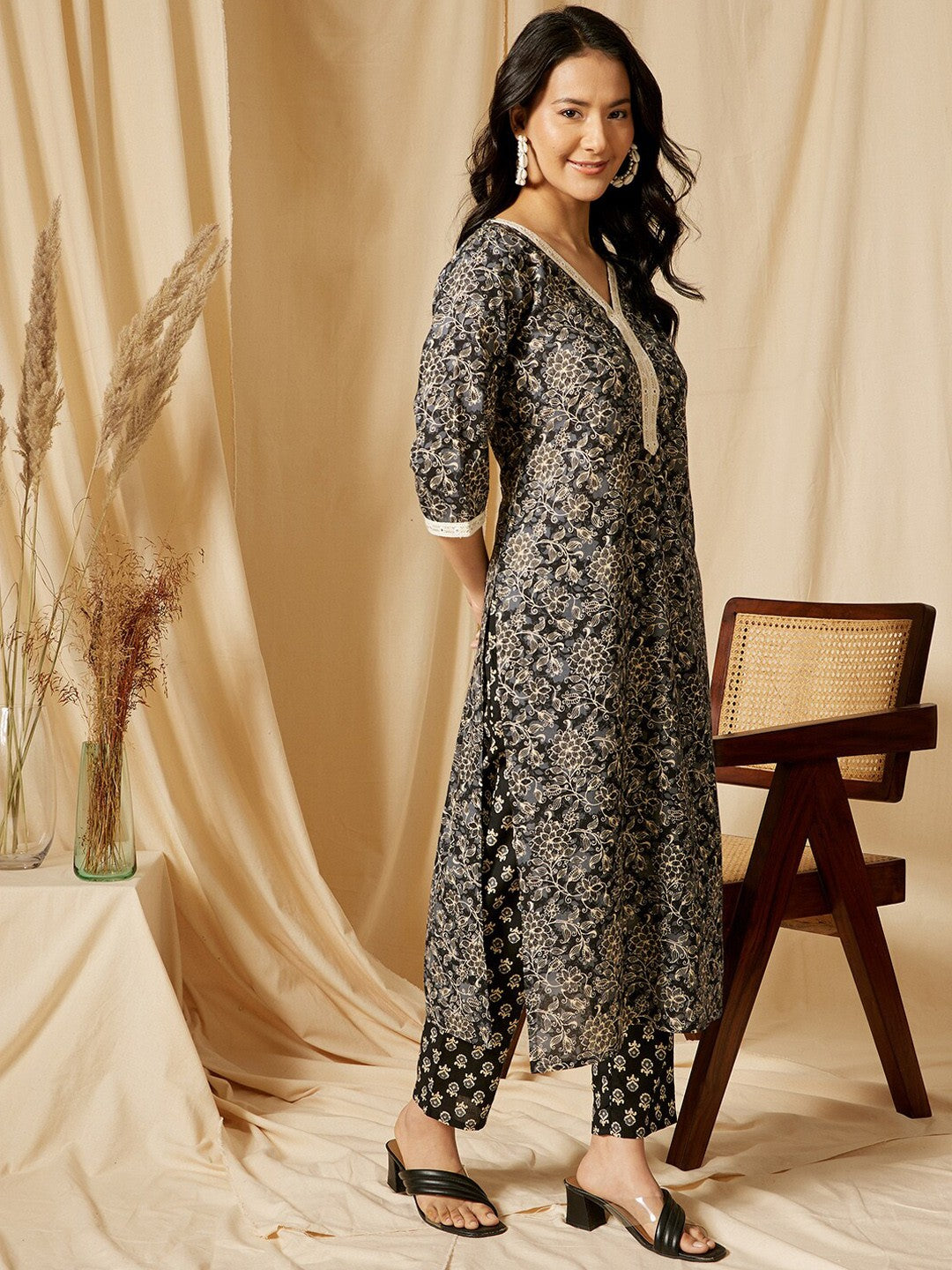 V Neck Floral Printed Pure Cotton Kurta with Trouser & Dupatta