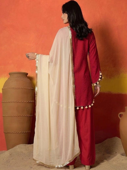 Red Chikankari Rayon A-Line Kurti Farshi Salwar With Dupatta Set