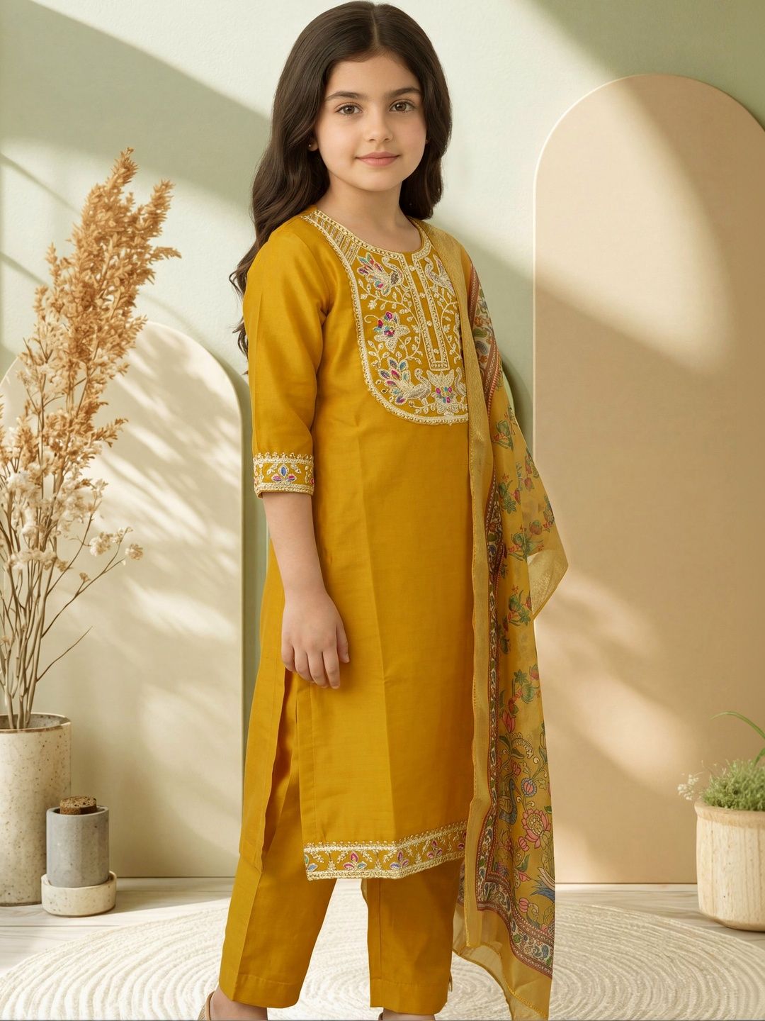 Girls Ethnic Motifs Embroidered Regular Thread Work Kurta with Trousers & With Dupatta