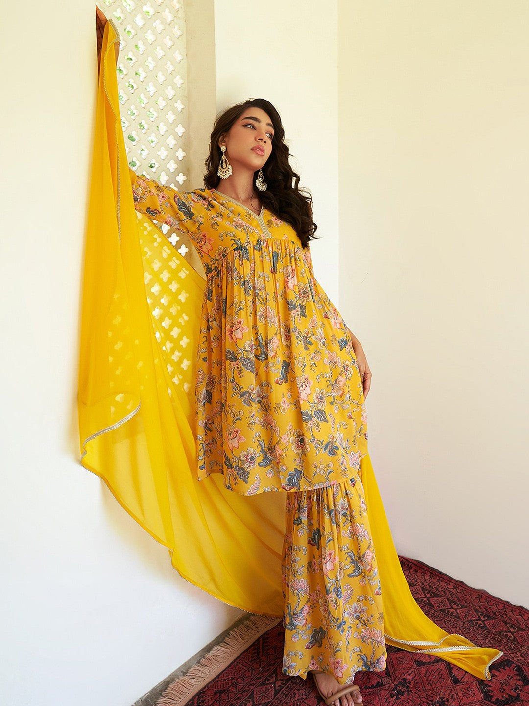 Floral Printed Regular Gotta Patti Kurta With Sharara & With Dupatta