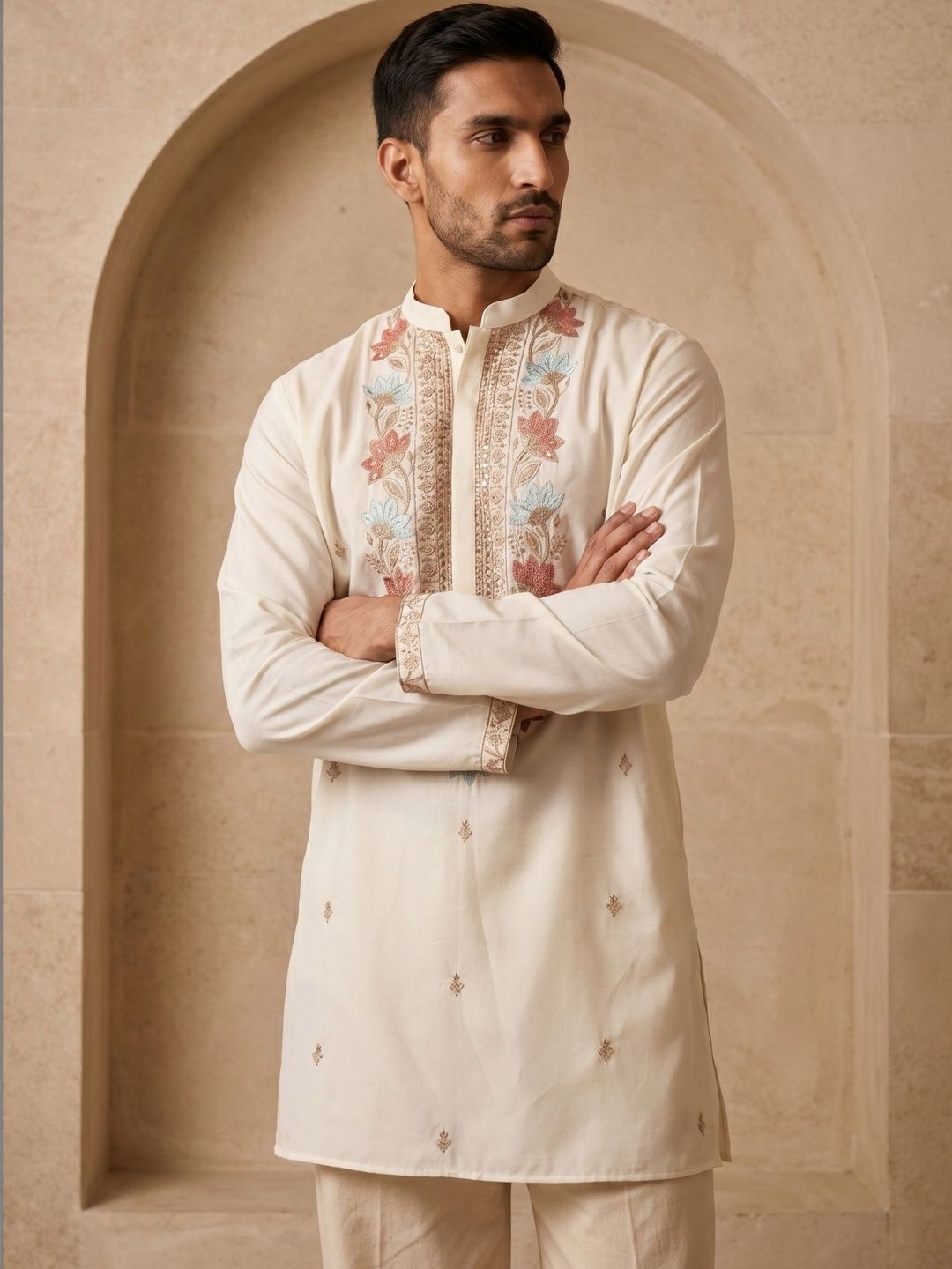 Men Floral Embroidered Regular Thread Work Kurta With Korean Pants