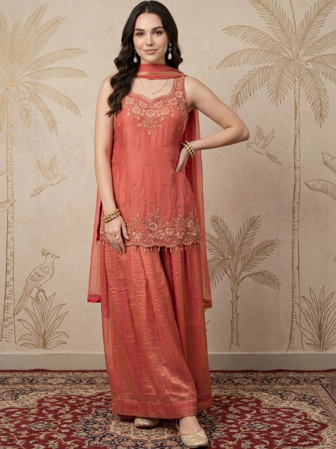 Women Ethnic Motifs Embroidered Regular Thread Work Kurta with Sharara & With Dupatta