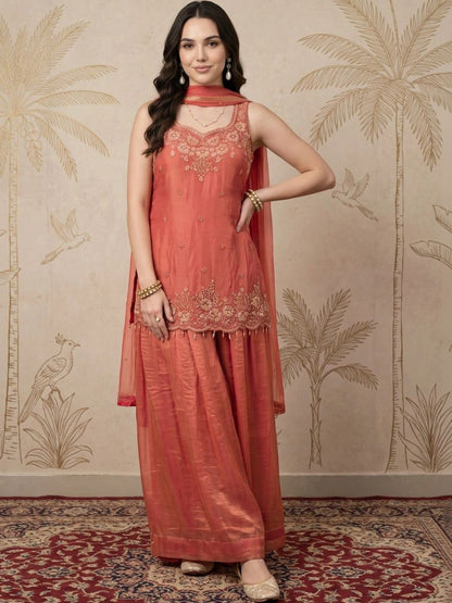 Women Ethnic Motifs Embroidered Regular Thread Work Kurta with Sharara & With Dupatta