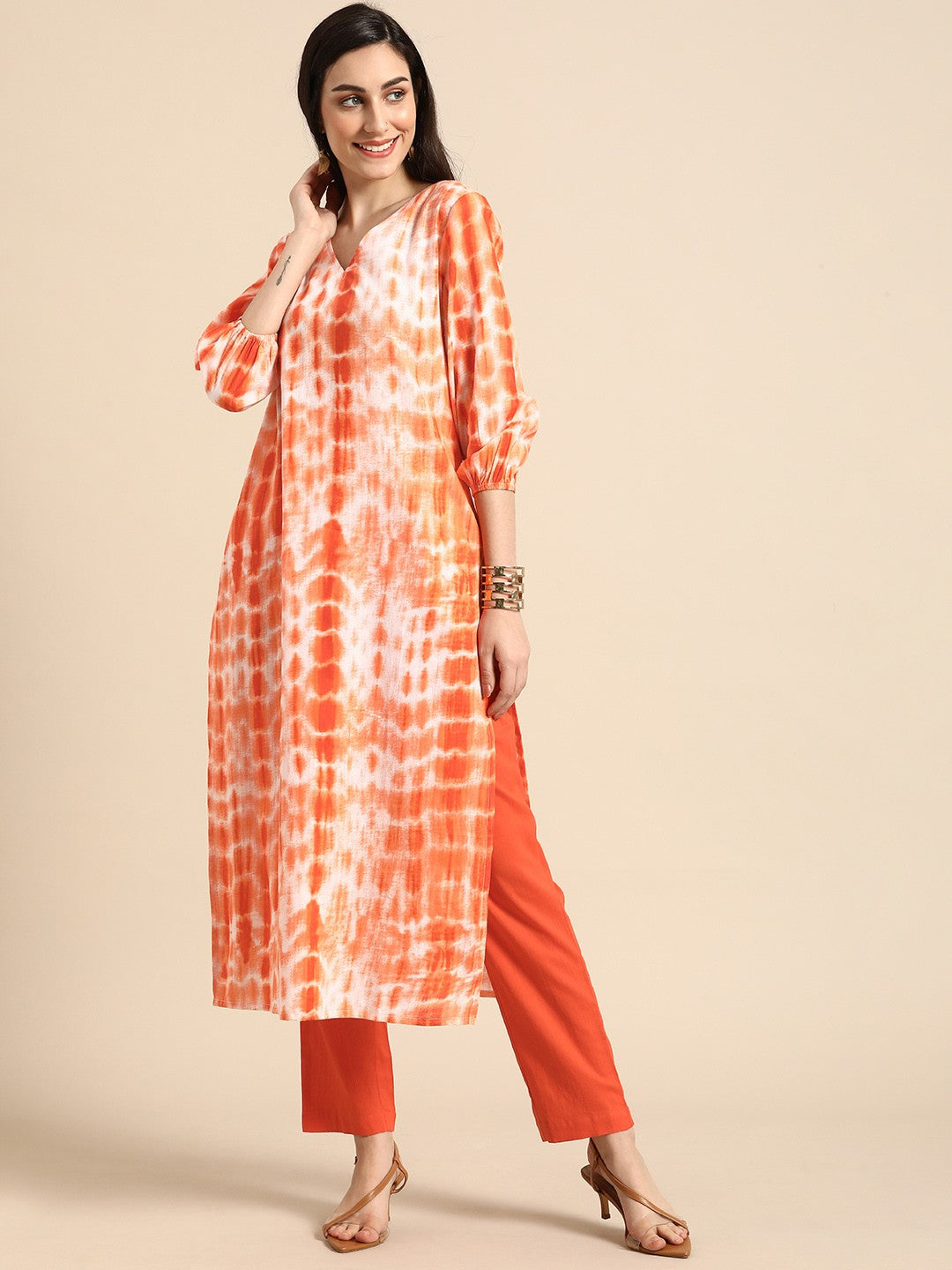 Women Orange Dyed Pure Cotton Kurta with Trousers