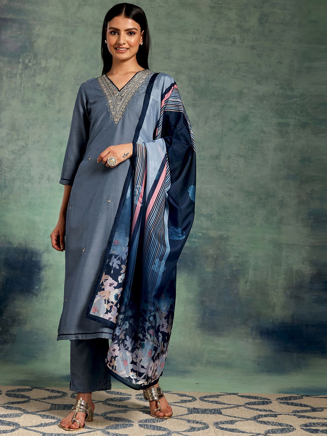 Blue Floral Yoke Design Zari Straight Kurta With Trousers & Dupatta