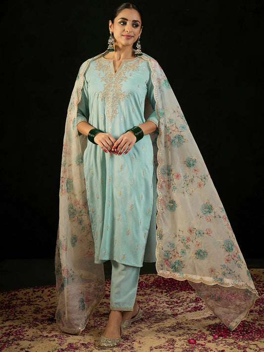 Floral Embroidered Notched Neck Straight Kurta with Trousers & Dupatta