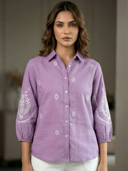 Women Shirt Collar Embroidered Tunic