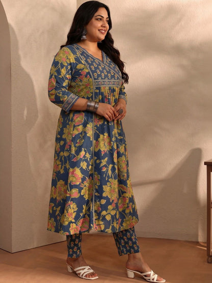 Women Floral Printed Angrakha Kurta with Trousers & With Dupatta