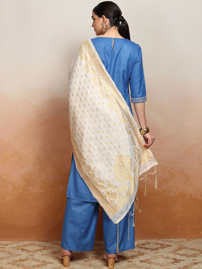 Women Embroidered Straight Kurta With Palazzo & Dupatta