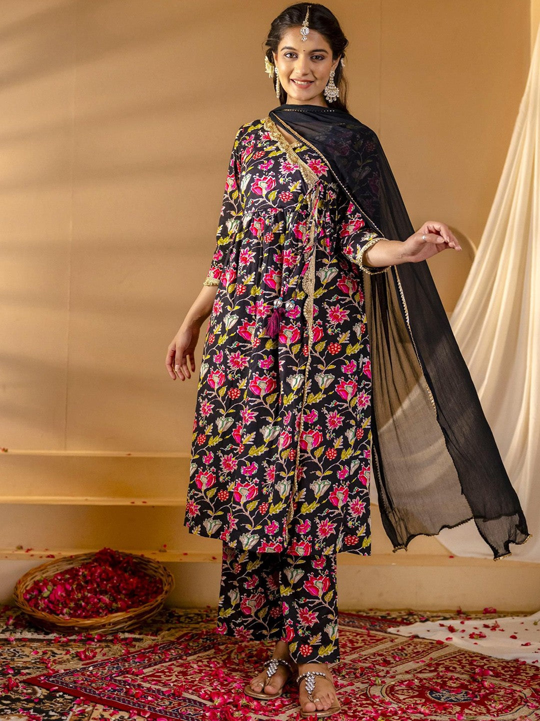 Floral Printed Angrakha Gotta Patti Pure Cotton Kurta with Palazzos & Dupatta