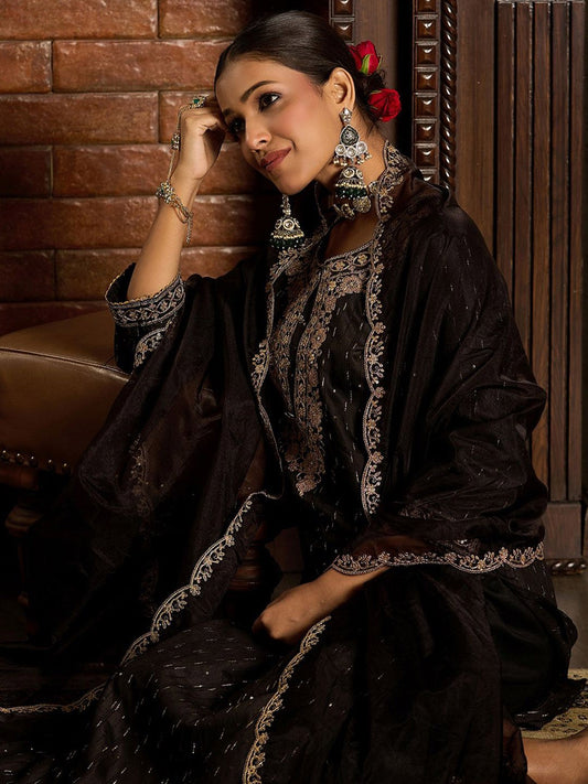 Women Embroidered Regular Sequinned Liva Kurta with Trousers & With Dupatta