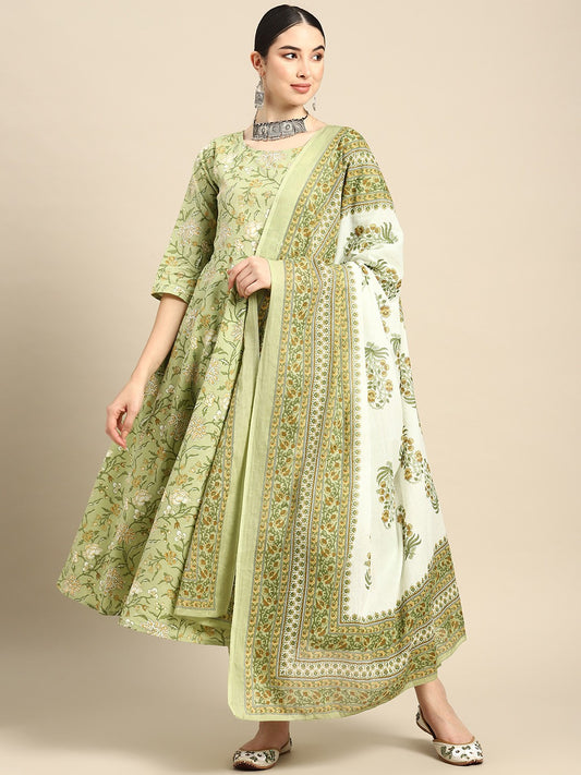 Floral Printed Regular Pure Cotton Kurta with Trousers & With Dupatta