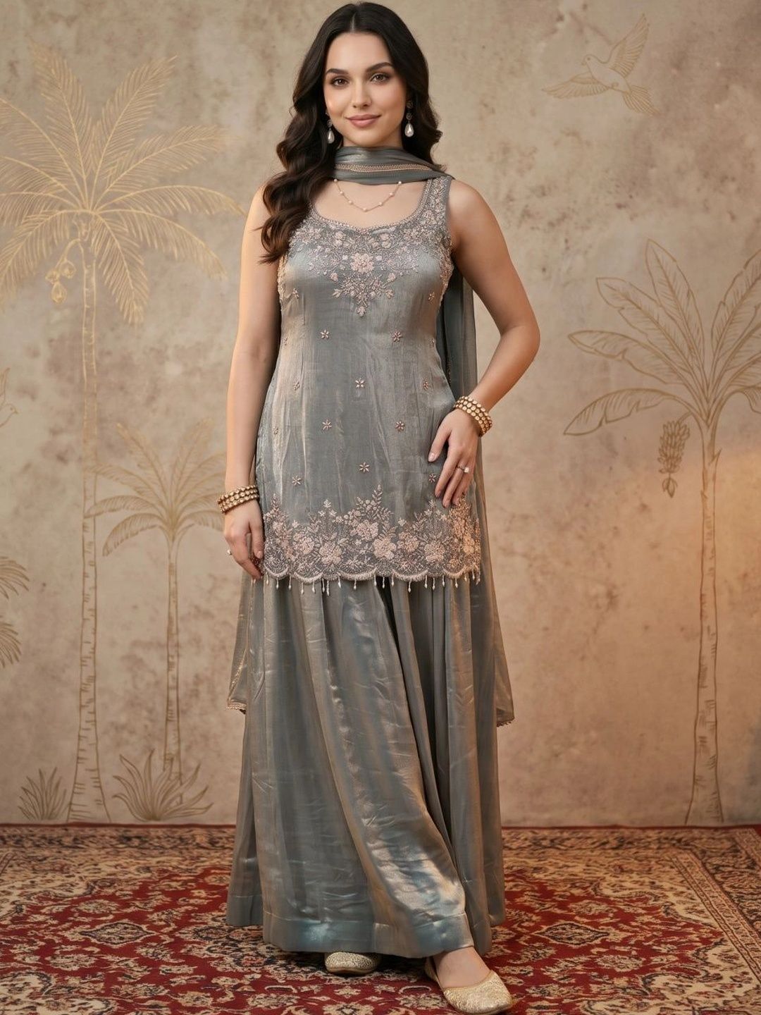Women Ethnic Motifs Embroidered Tiered Thread Work Kurta with Sharara & With Dupatta