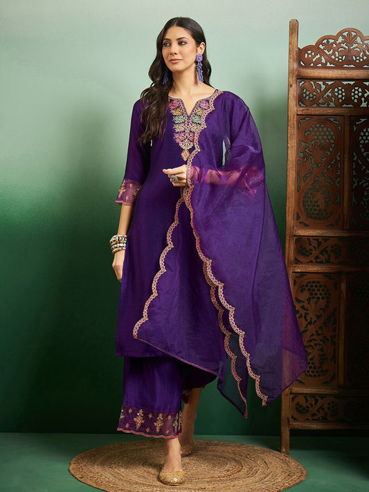 Embroidered Notch Neck Kurta With Plazzo & Dupatta