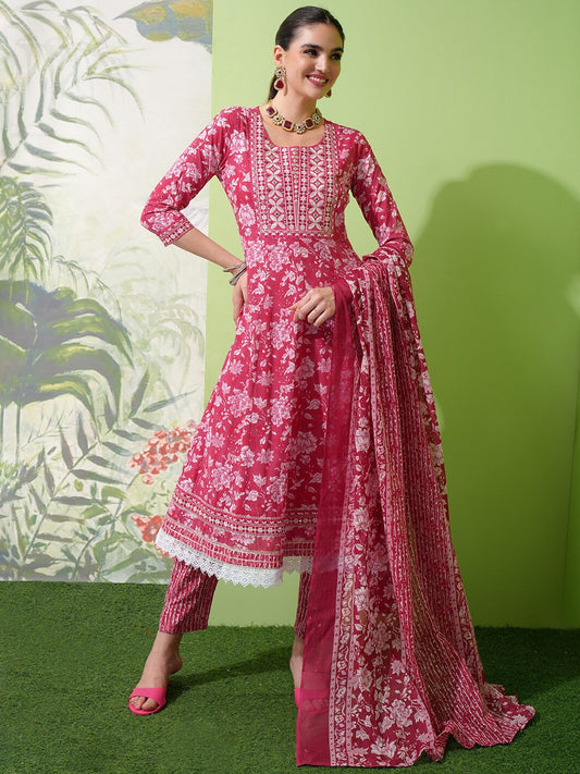 Floral Printed Regular Thread Work Pure Cotton Kurta with Trousers & With Dupatta