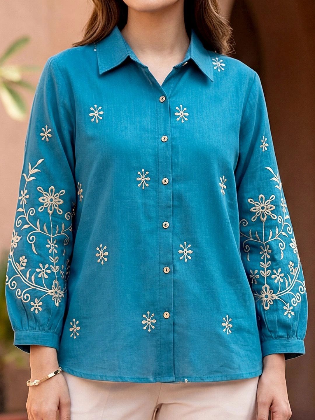 Women Shirt Collar Embroidered Ethnic Tunic