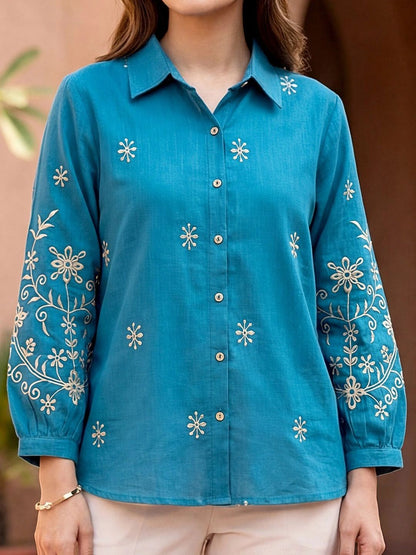 Women Shirt Collar Embroidered Ethnic Tunic