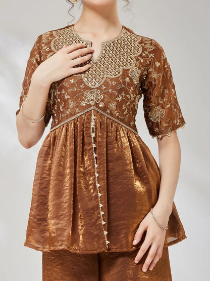 Girls Chocolate Brown Embroidered Peplum Kurta And Plazzo With Dupatta Set