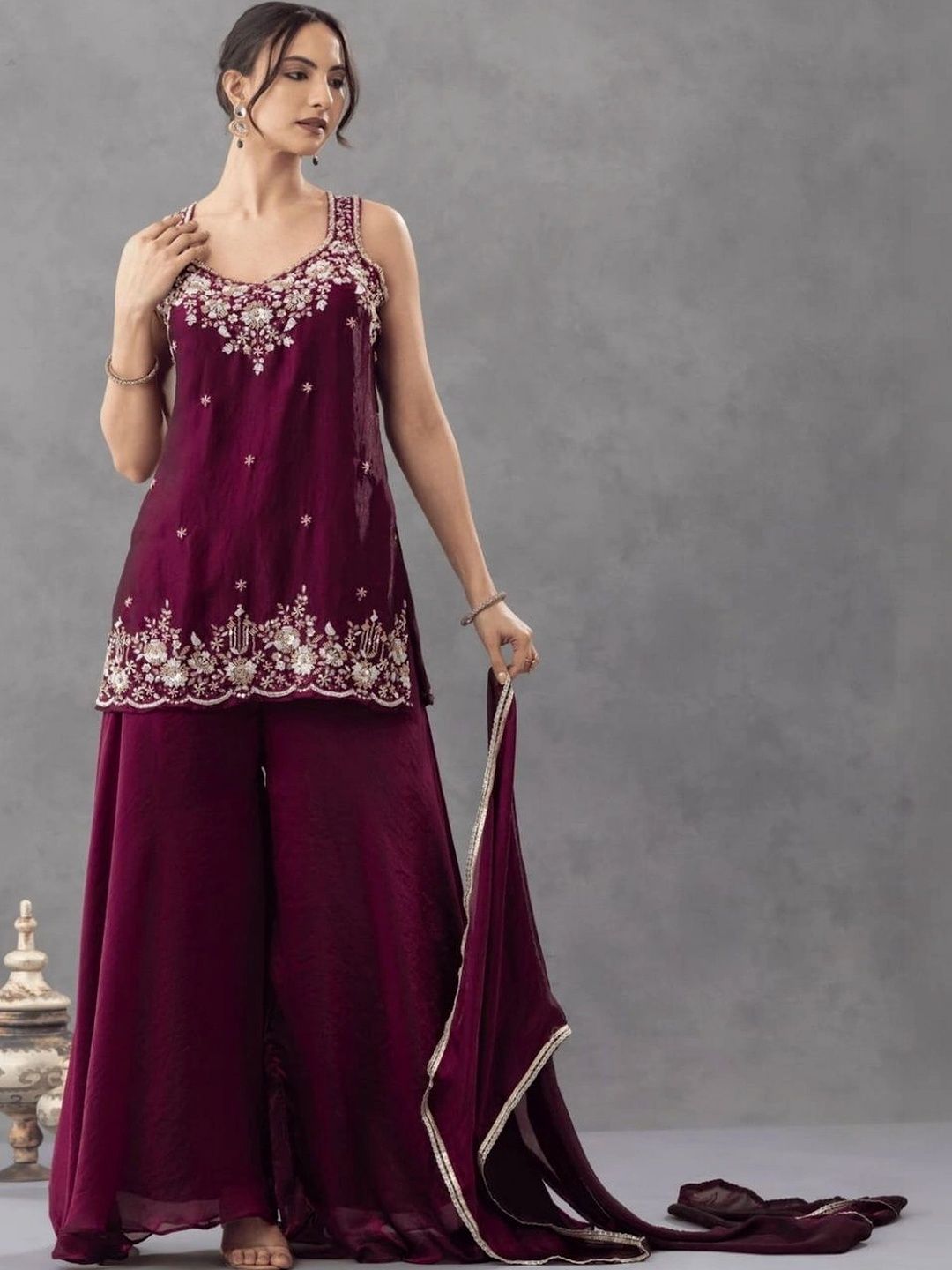 Women Ethnic Motifs Embroidered Regular Thread Work Kurta with Palazzos & With Dupatta