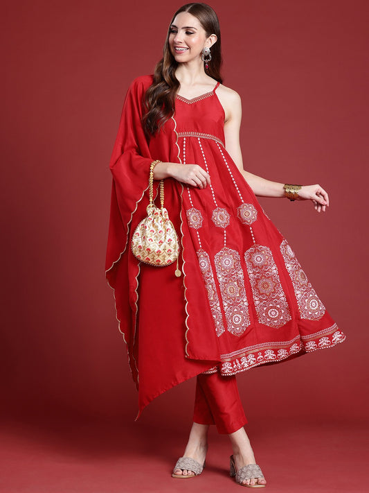 Women Ethnic Motifs Printed Zari Work Empire Kurta With Trousers & Dupatta