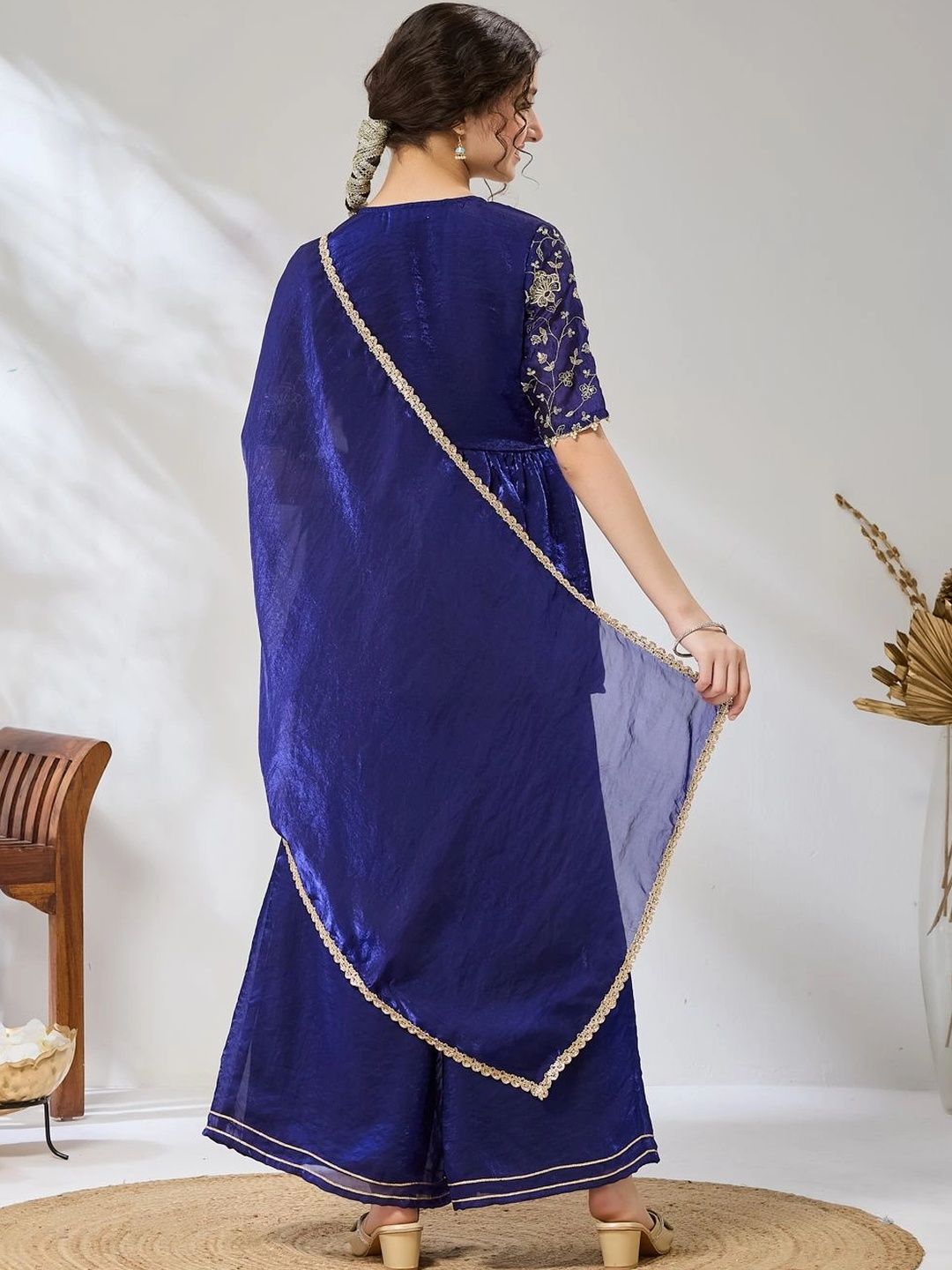 Girls Royal Blue Embroidered Peplum Kurta And Plazzo With Dupatta Set