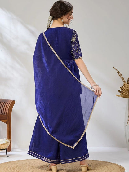Girls Royal Blue Embroidered Peplum Kurta And Plazzo With Dupatta Set
