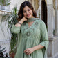 Floral Yoke Design V-Neck Empire Aari Work Pure Cotton Kurta with Pyjamas & Dupatta