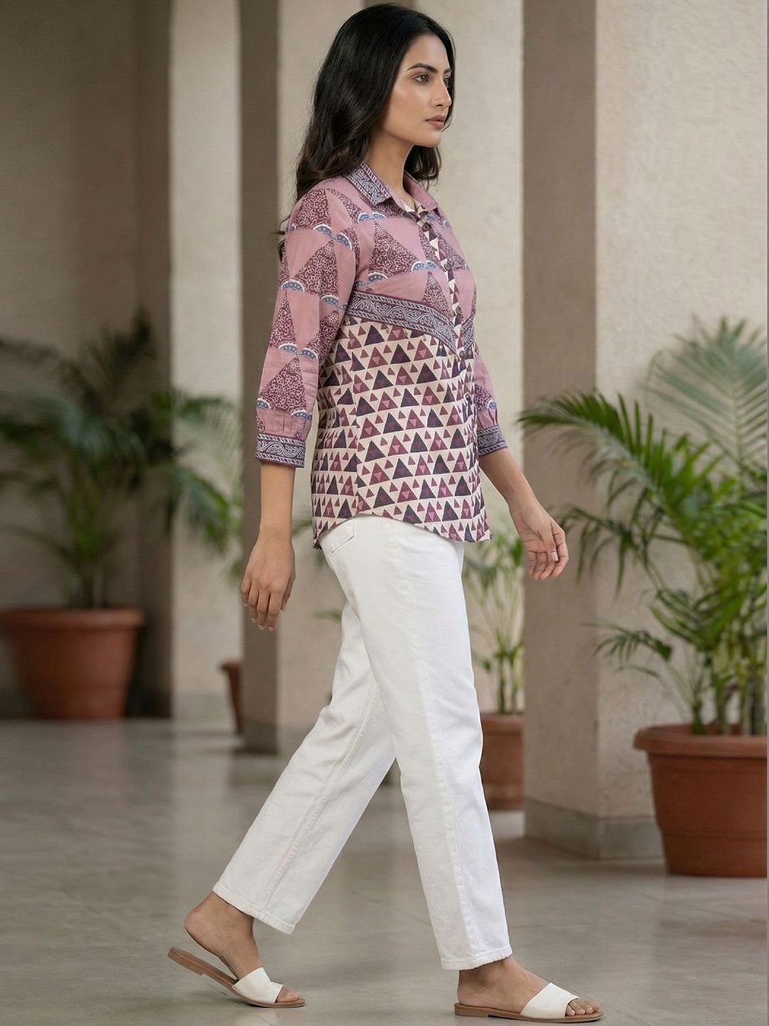 Women Shirt Collar Printed Tunic
