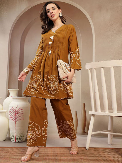Embroidered V-Neck Pure Cotton Tunic & Palazzo